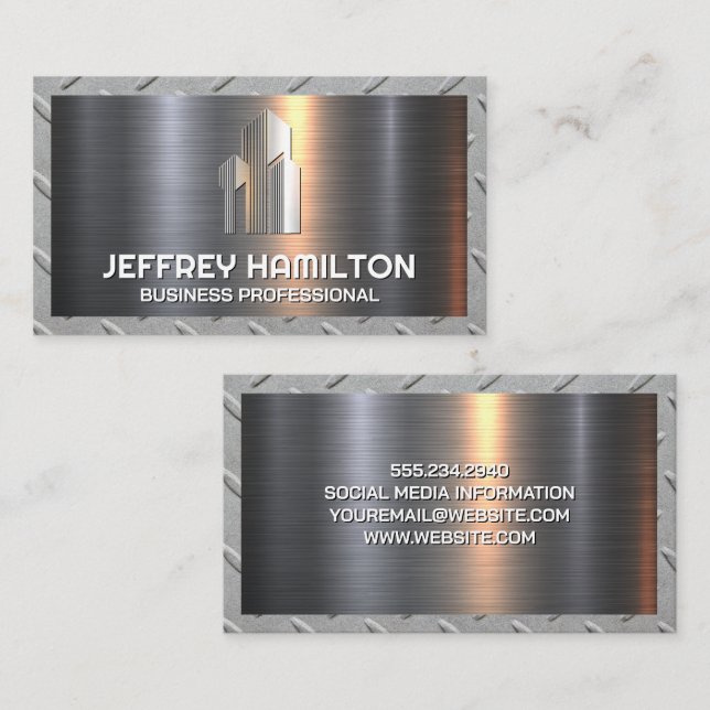 Corporate Commercial Steel Logo | Metallic Border Business Card (Front/Back)