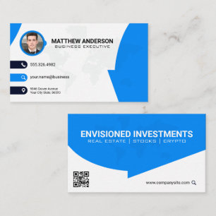 Corporate Contact World Map QR Code Blue Business Card