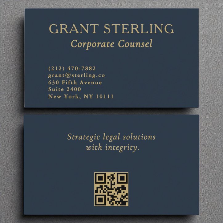 Corporate Counsel Navy Blue Gold QR Code Business Card