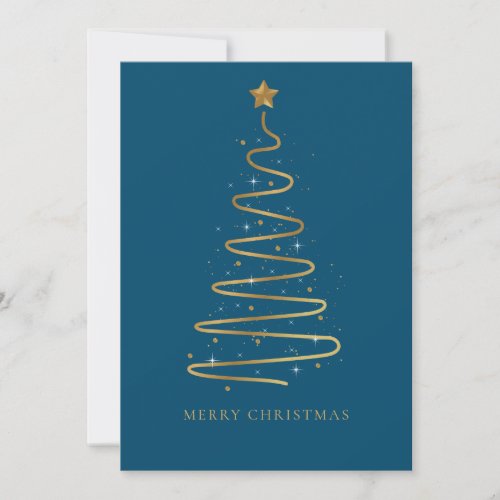 Corporate Elegant Blue Gold Merry Christmas Tree Holiday Card