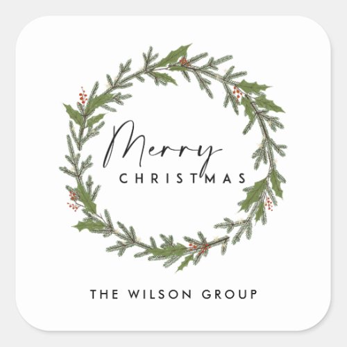 CORPORATE ELEGANT HOLLY BERRY WREATH CHRISTMAS SQUARE STICKER