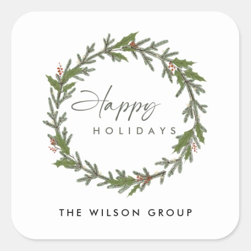 Corporate Elegant Holly Berry Wreath Happy Holiday Square Sticker