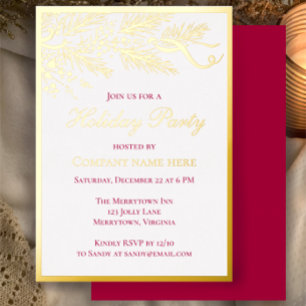 Corporate Elegant Red Botanical Holiday Party Gold Foil Invitation