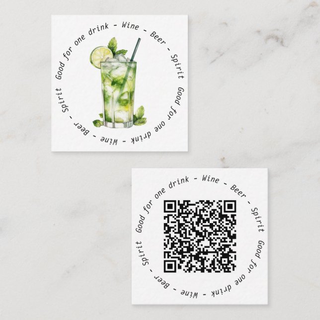 Corporate Event QR Code Mojito Drink Voucher Square Business Card (Front/Back)