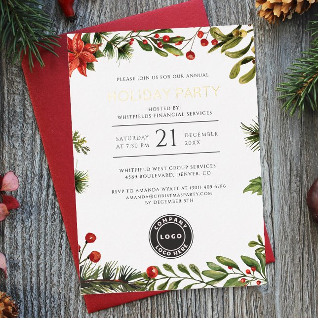 Corporate Festive Christmas Holiday Party Gold Foil Invitation (Business Logo Christmas Office Party Invitation Red Berries Botanical Poinsettia)