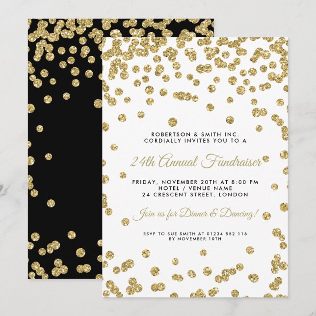 Corporate Fundraiser Dinner Gold Confetti Black Invitation (Front/Back)