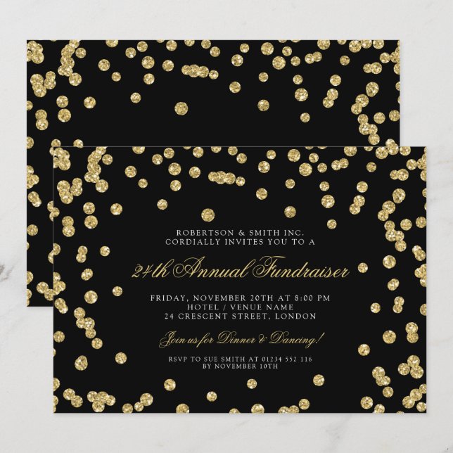 Corporate Fundraiser Dinner Gold Confetti Black Invitation (Front/Back)
