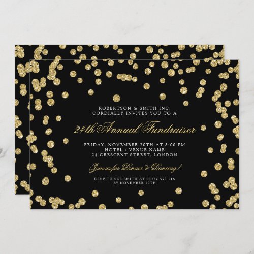 Corporate Fundraiser Dinner Gold Confetti Black Invitation