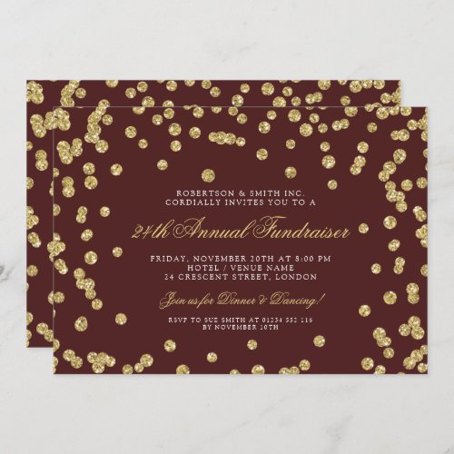Corporate Fundraiser Dinner Gold Confetti Burgundy Invitation