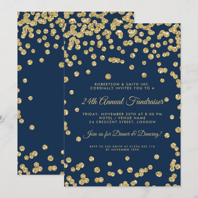 Corporate Fundraiser Dinner Gold Confetti Navy Blu Invitation (Front/Back)