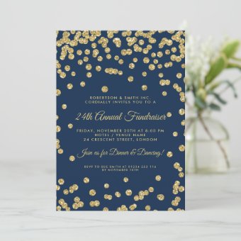 Corporate Fundraiser Dinner Gold Confetti Navy Blu Invitation | Zazzle