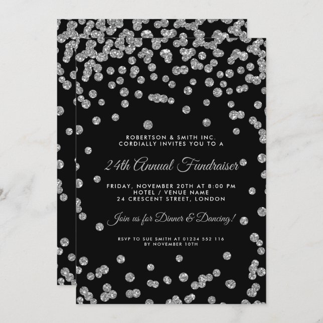 Corporate Fundraiser Dinner Silver Confetti Black Invitation (Front/Back)