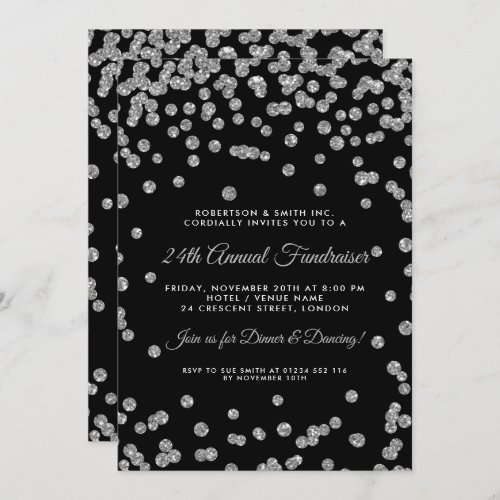 Corporate Fundraiser Dinner Silver Confetti Black Invitation