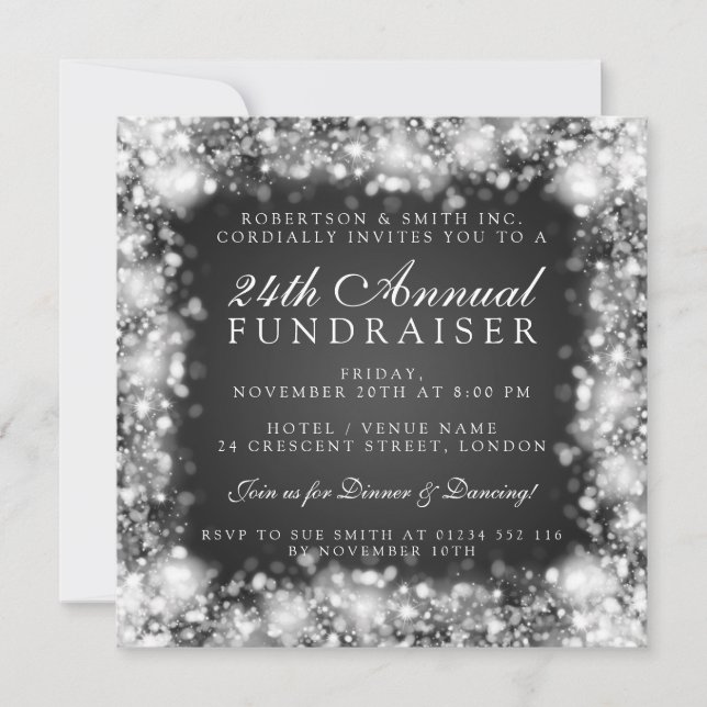 Corporate Fundraiser Gala Party Silver Sparkling Invitation (Front)