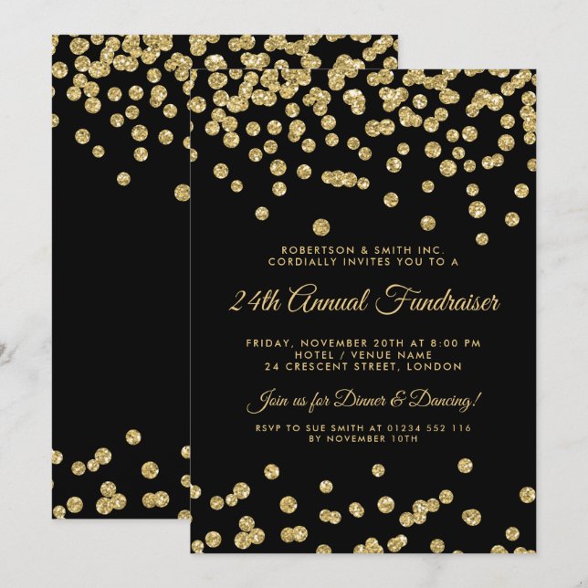 Corporate Fundraiser Gold Glitter Confetti Black Invitation (Front/Back)