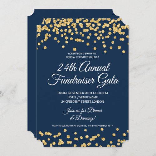 Corporate Fundraiser Gold Glitter Confetti Navy Invitation