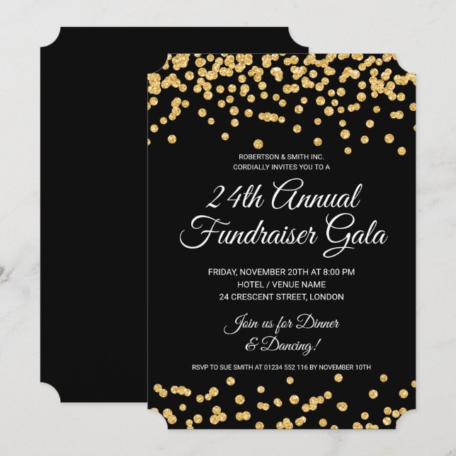 Corporate Fundraiser Party Gold Glitter Confetti  Invitation (Front/Back)