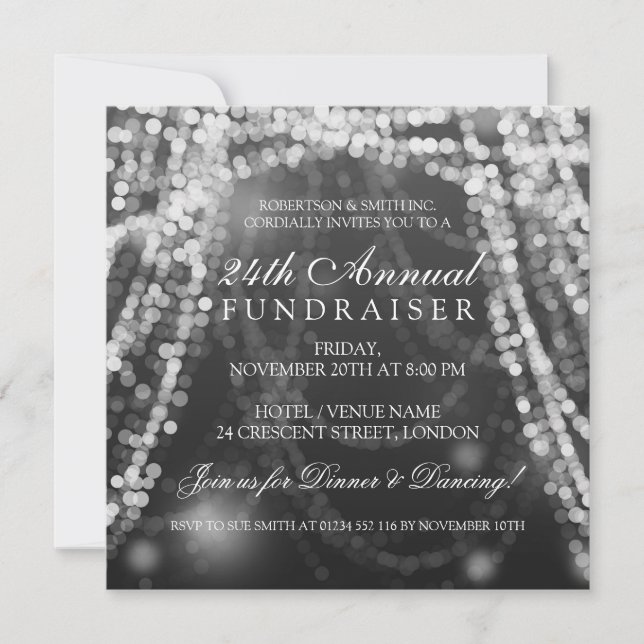 Corporate Fundraiser Party String Lights Silver Invitation (Front)