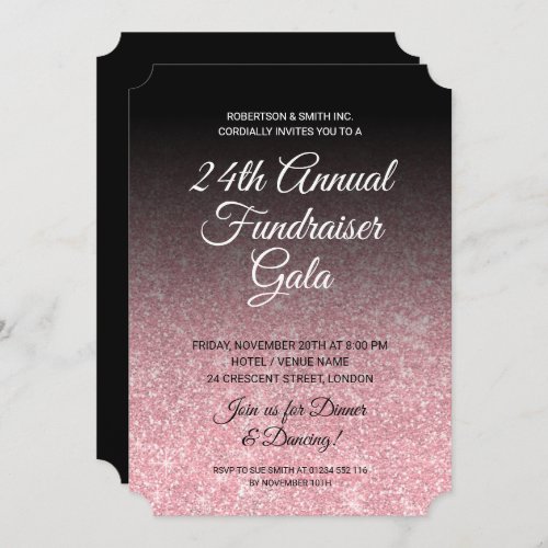 Corporate Fundraiser Rose Gold Glitter Black Invitation