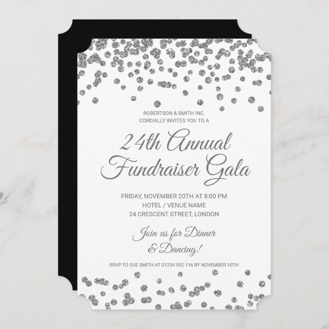 Corporate Fundraiser Silver Glitter Confetti  Invitation (Front/Back)