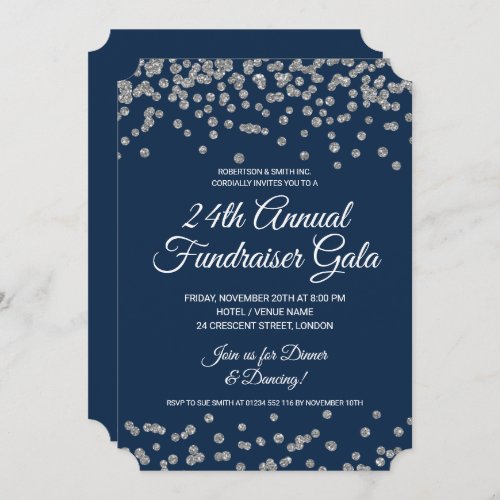 Corporate Fundraiser Silver Glitter Confetti Navy  Invitation