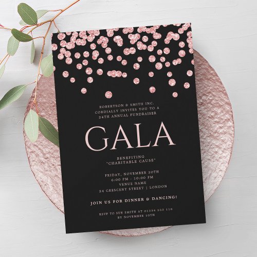 Corporate Gala Rose Gold Black Glitter Confetti Invitation