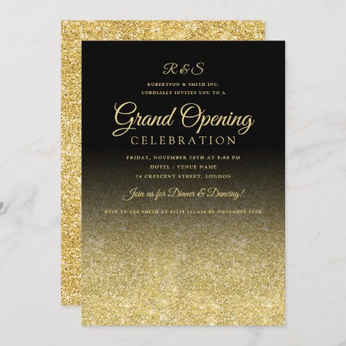 Corporate Grand Opening Gold Glam Glitter Black Invitation