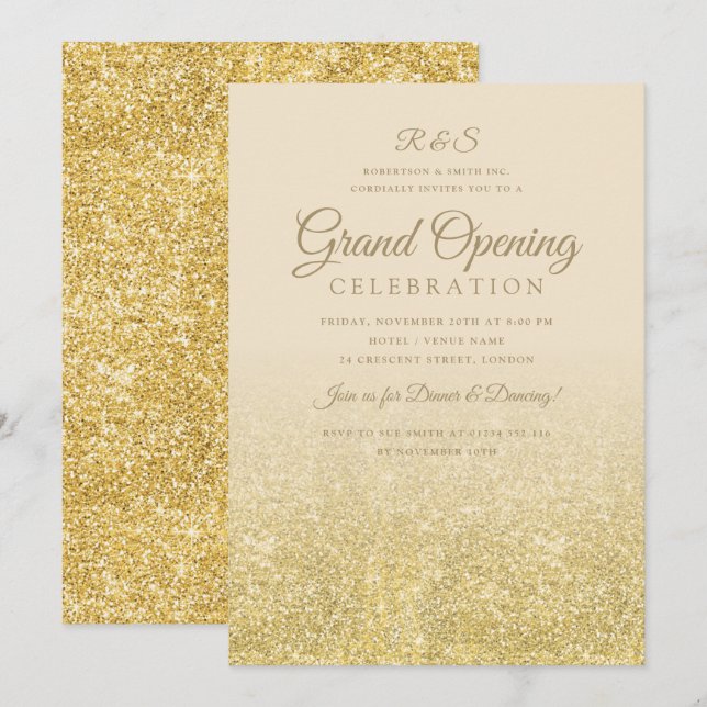Corporate Grand Opening Gold Glam Glitter Cream Invitation (Front/Back)