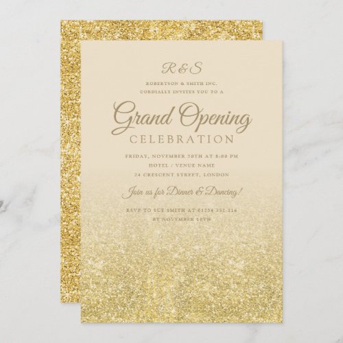 Corporate Grand Opening Gold Glam Glitter Cream Invitation