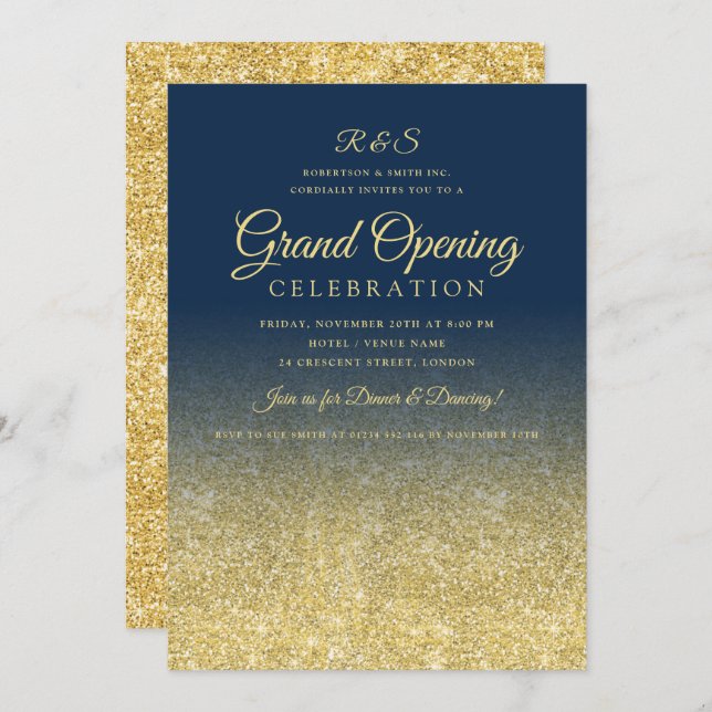 Corporate Grand Opening Gold Glam Glitter Navy Invitation (Front/Back)