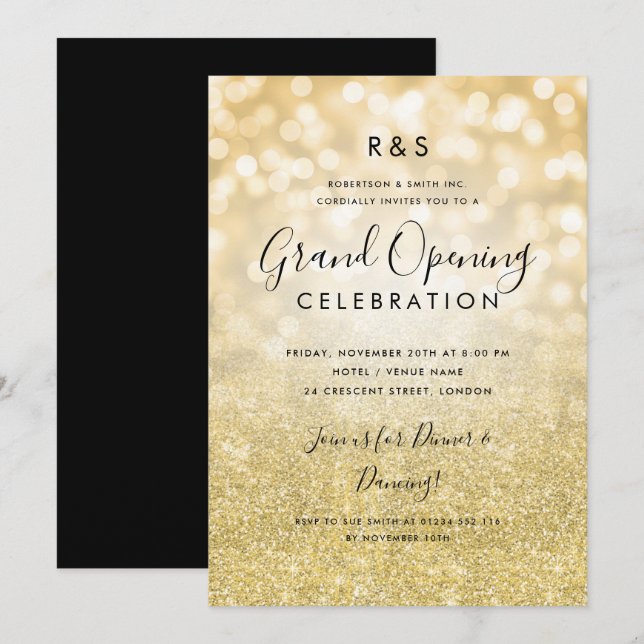 Corporate Grand Opening Gold Glitter & Lights Invitation (Front/Back)