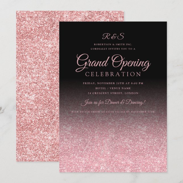 Corporate Grand Opening Rose Gold Glitter Black  Invitation (Front/Back)