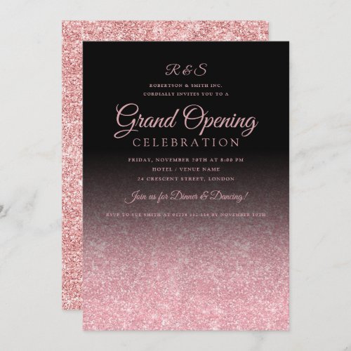 Corporate Grand Opening Rose Gold Glitter Black  Invitation