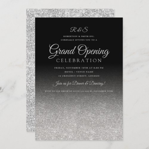 Corporate Grand Opening Silver Glam Glitter Black  Invitation