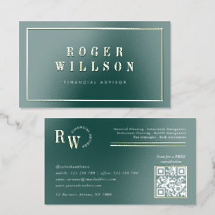 Corporate Green & Gold Finance Law Auditor QR Code Foil Business Cards