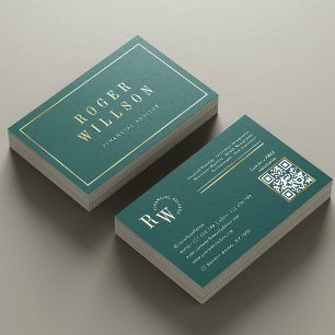 Corporate Green & Gold Finance Law Auditor QR Code Foil Business Cards
