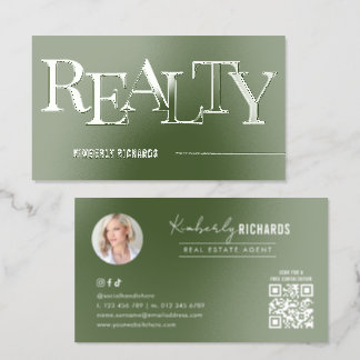 Corporate Green Real Estate Agent Photo QR Code Raised Spot UV Business Card