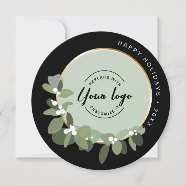 Corporate Green Wreath Custom Logo 2023 Holiday  Card (Front)