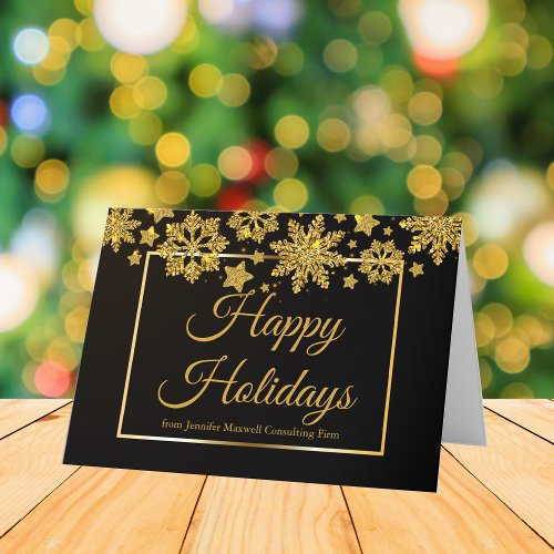 Corporate Happy Holidays Chic Black Gold Snowflake Holiday Card
