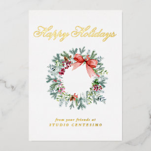 Corporate Happy Holidays Christmas Wreath Gold Foil Holiday Card
