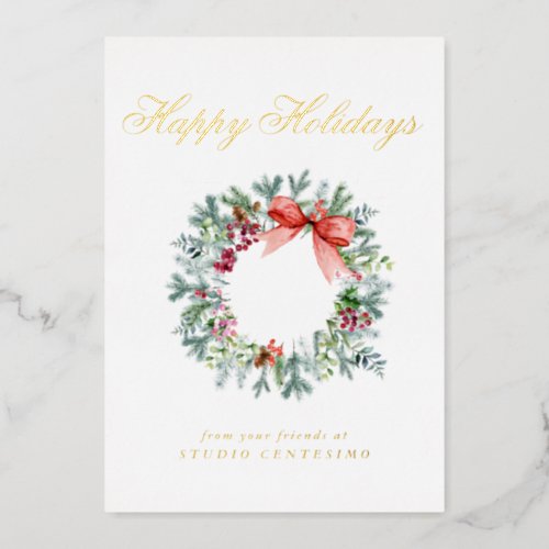 Corporate Happy Holidays Christmas Wreath Gold  Foil Holiday Card