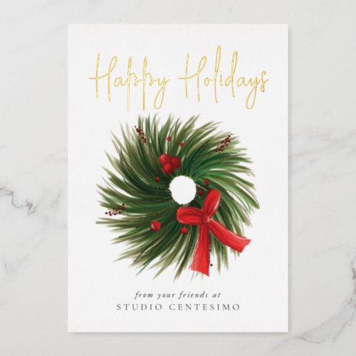 Corporate Happy Holidays Christmas Wreath Gold Foil Holiday Card