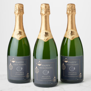 Corporate Happy Holidays Logo Rose Gold Modern Sparkling Wine Label