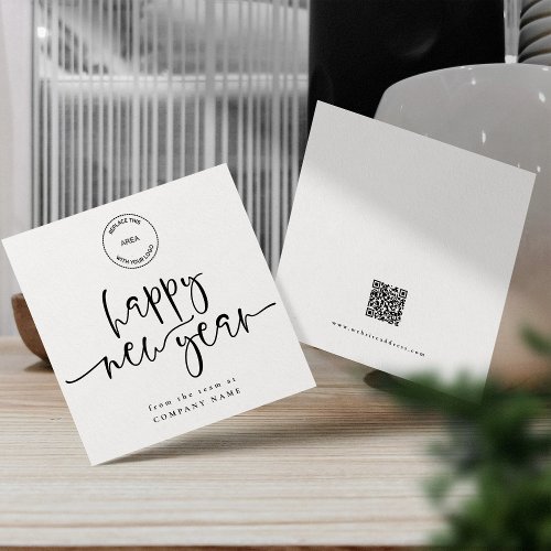 Corporate Happy New Year Logo QR Code Black White Holiday Card