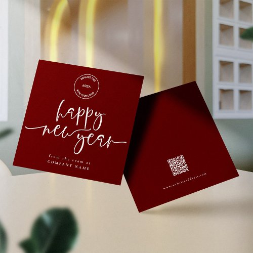 Corporate Happy New Year Logo QR Code Burgundy Holiday Card
