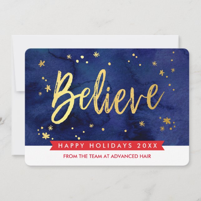 CORPORATE HOLIDAY believe script navy red gold (Front)