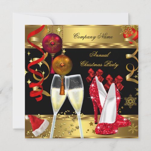 Corporate Holiday Christmas Party Champagne Heels Personalized Invitations