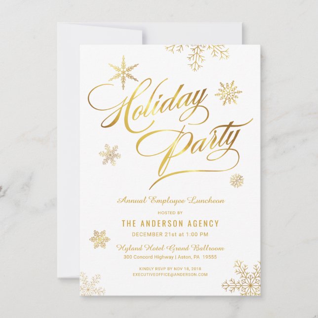 Corporate Holiday Luncheon Elegant Gold Snowflakes (Front)
