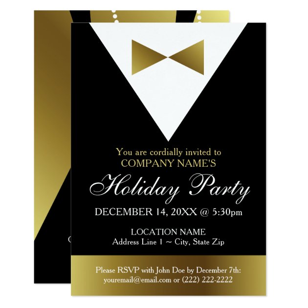 Corporate Holiday Party | Black And Gold Tuxedo Invitation