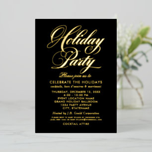 Corporate Holiday Party Black Script Gold Foil Invitation